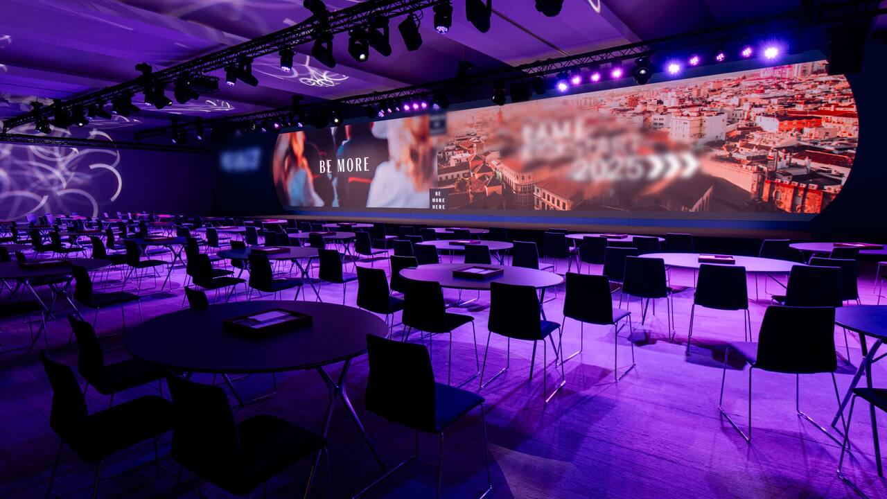 Grand Hyatt Barcelona Grand Living Room conference ballroom with stage and cabaret seating